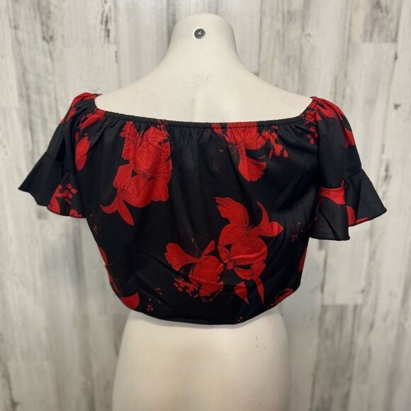 Black Red Floral Off Shoulder Tie Front Crop Top – Size XS - Picture 3 of 4